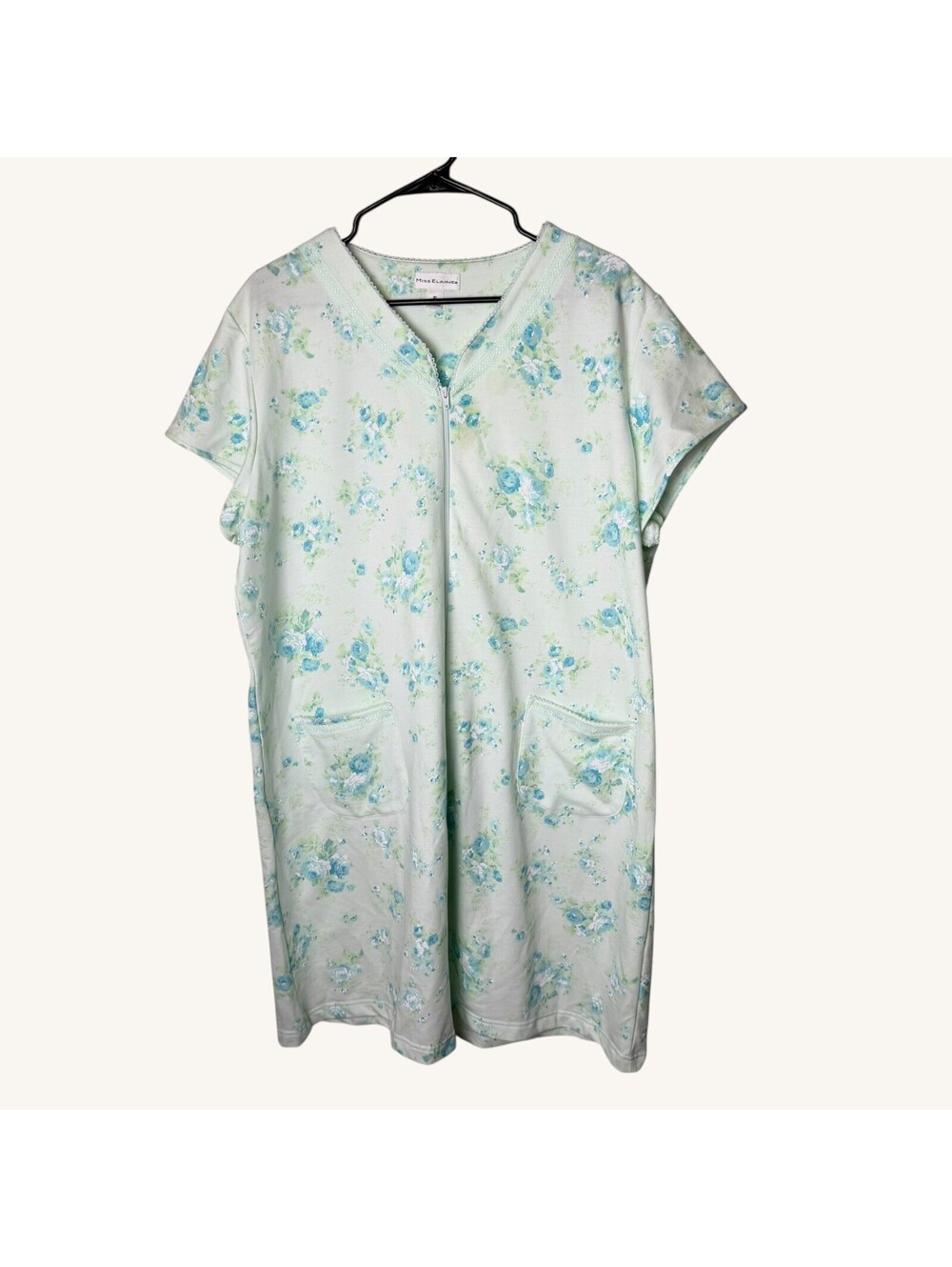 Miss Elaine XL Floral Zip Front Robe Blue Mint White Cotton Blend